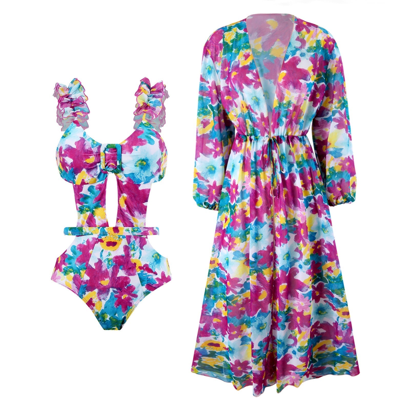 Siamese Conservative Swimsuit Printing Hollow Out Cutout Mesh Wrap Skirt Set Swimsuit Bella Mia